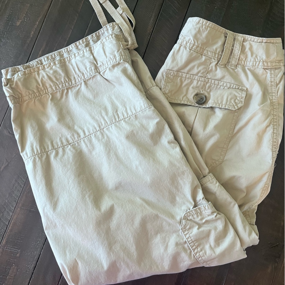 LizWear Liz Claiborne Khaki Baggy Cargo Pants Wide Leg Utility Drawstring Sz 8